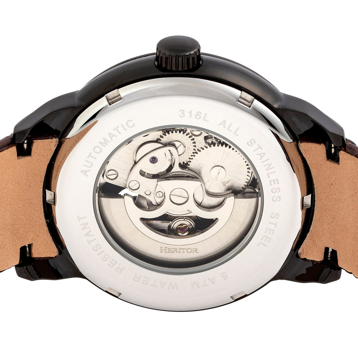 Close-up detail view of Heritor Automatic Sanford unisex black watch
