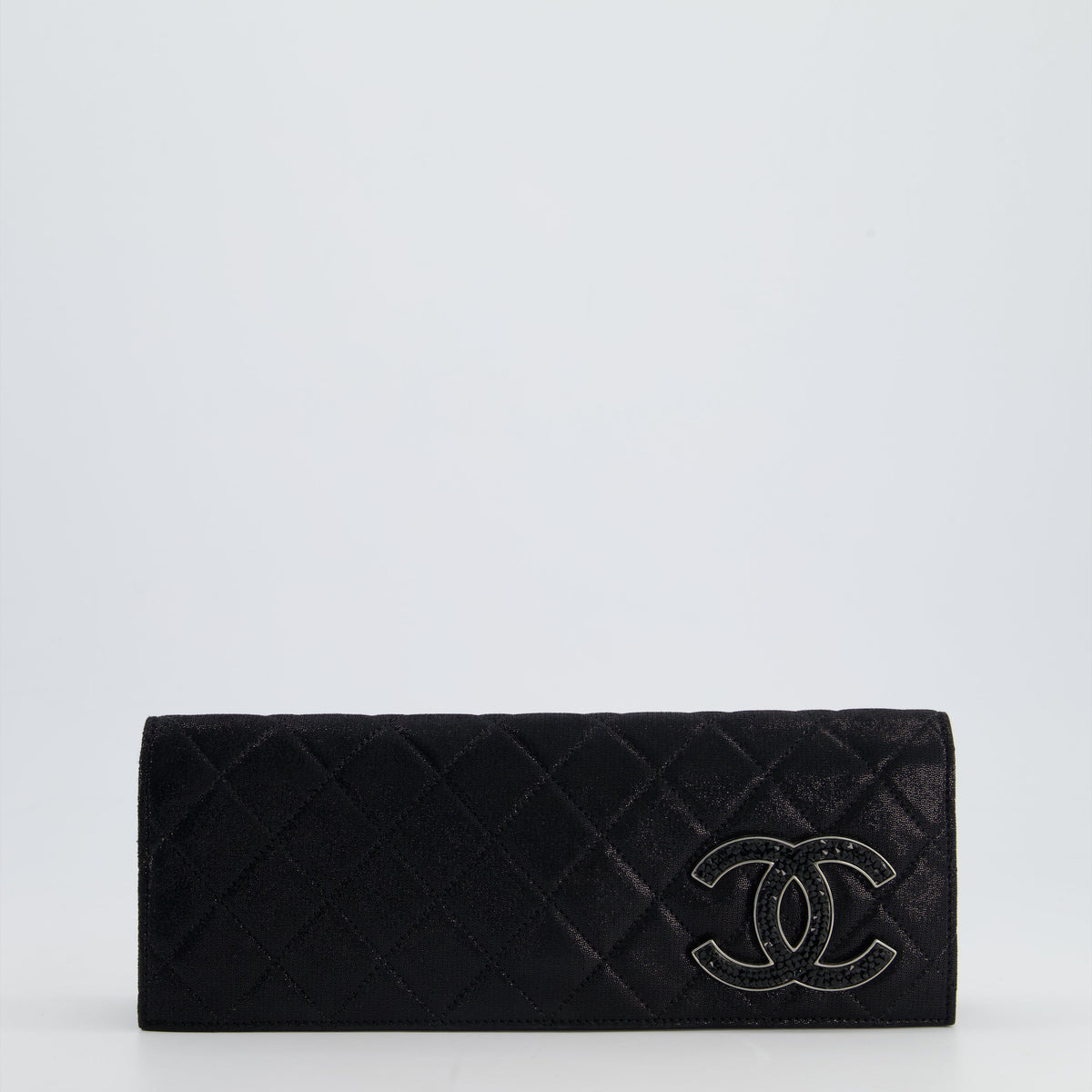 Chanel Bags Chanel *HOT* Chanel Black Shiny Quilted Long Clutch in Coated Calfskin with Silver Hardware and Crystal Detail Luxury Designer Leather Handbag
