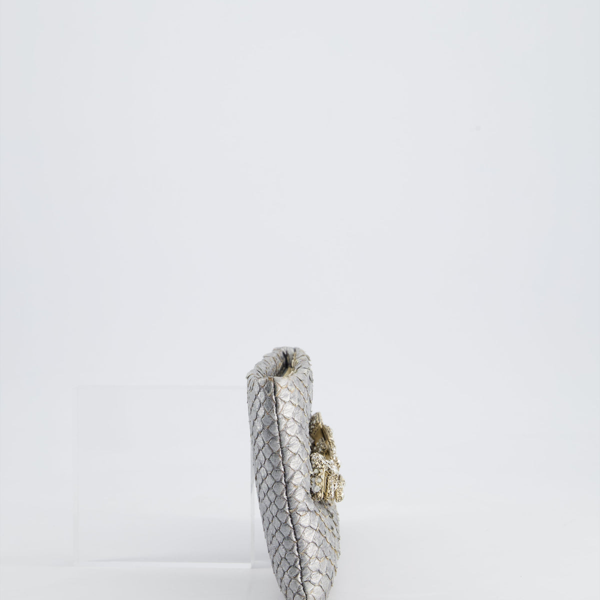 Chanel Bags Chanel *RARE* Chanel Metallic Silver Paris Bombay Clutch in Python Leather and Antique Gold Hardware with Embellished Crystals Premium Designer Shoulder Bag