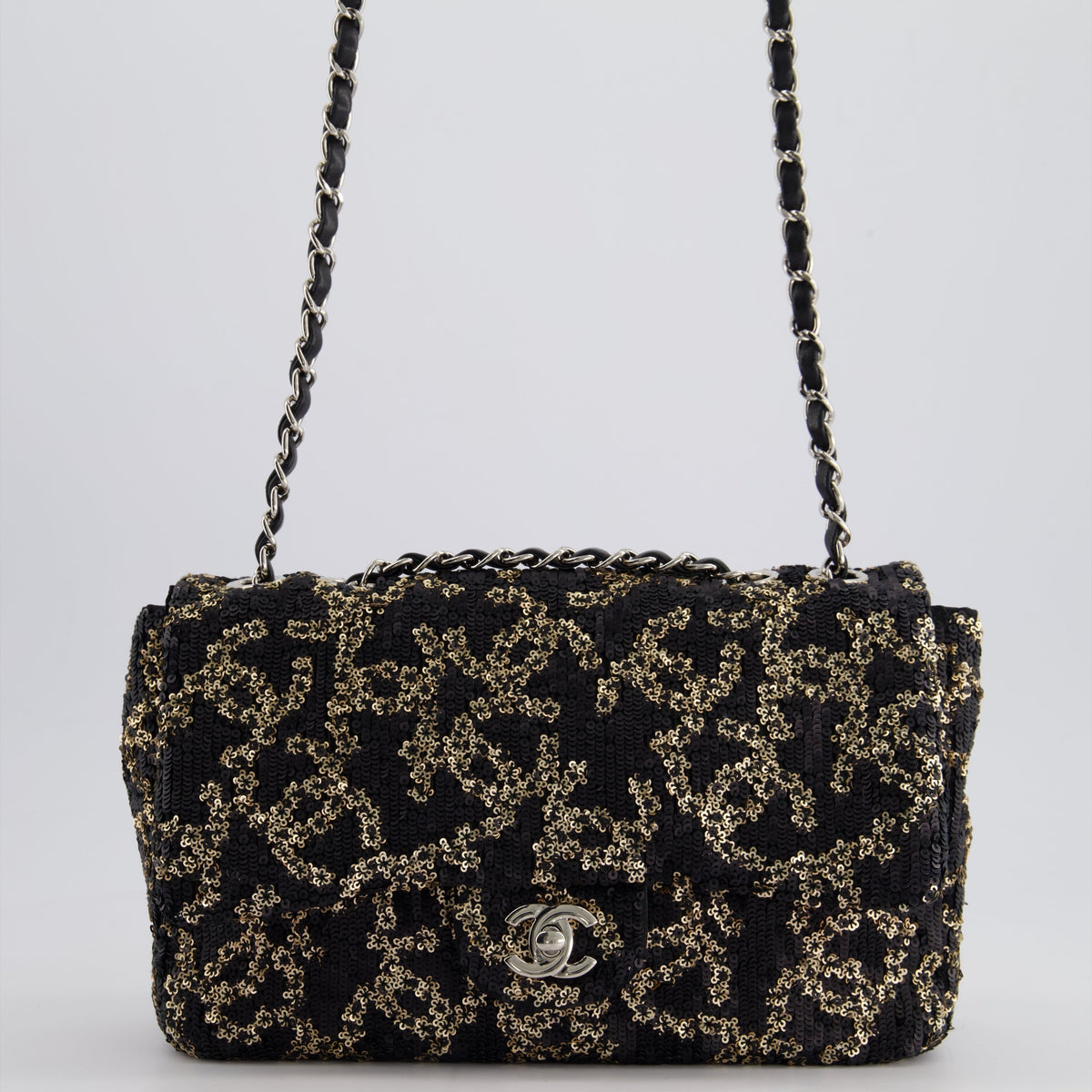 Chanel Bags Chanel Black, Gold Sequin Logo Medium Flap Bag with Silver Hardware Premium Designer Shoulder Bag