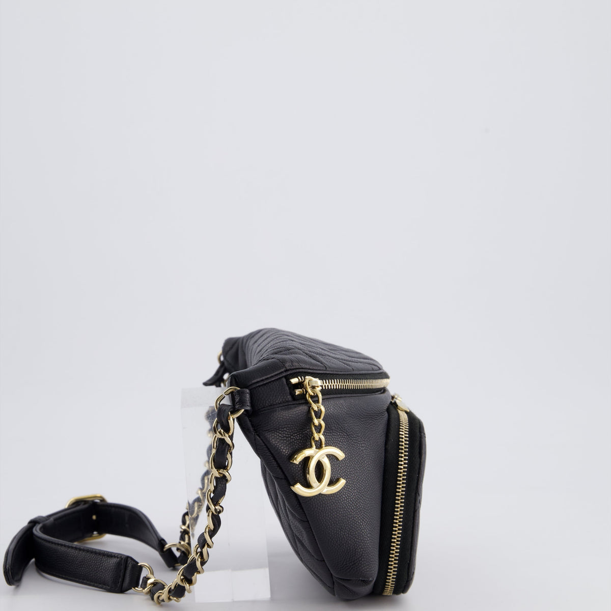 Chanel Bags Chanel Black Quilted Business Affinity Bum Bag in Caviar Leather with Champagne Gold Hardware and Logo Zip Luxury Designer Leather Handbag