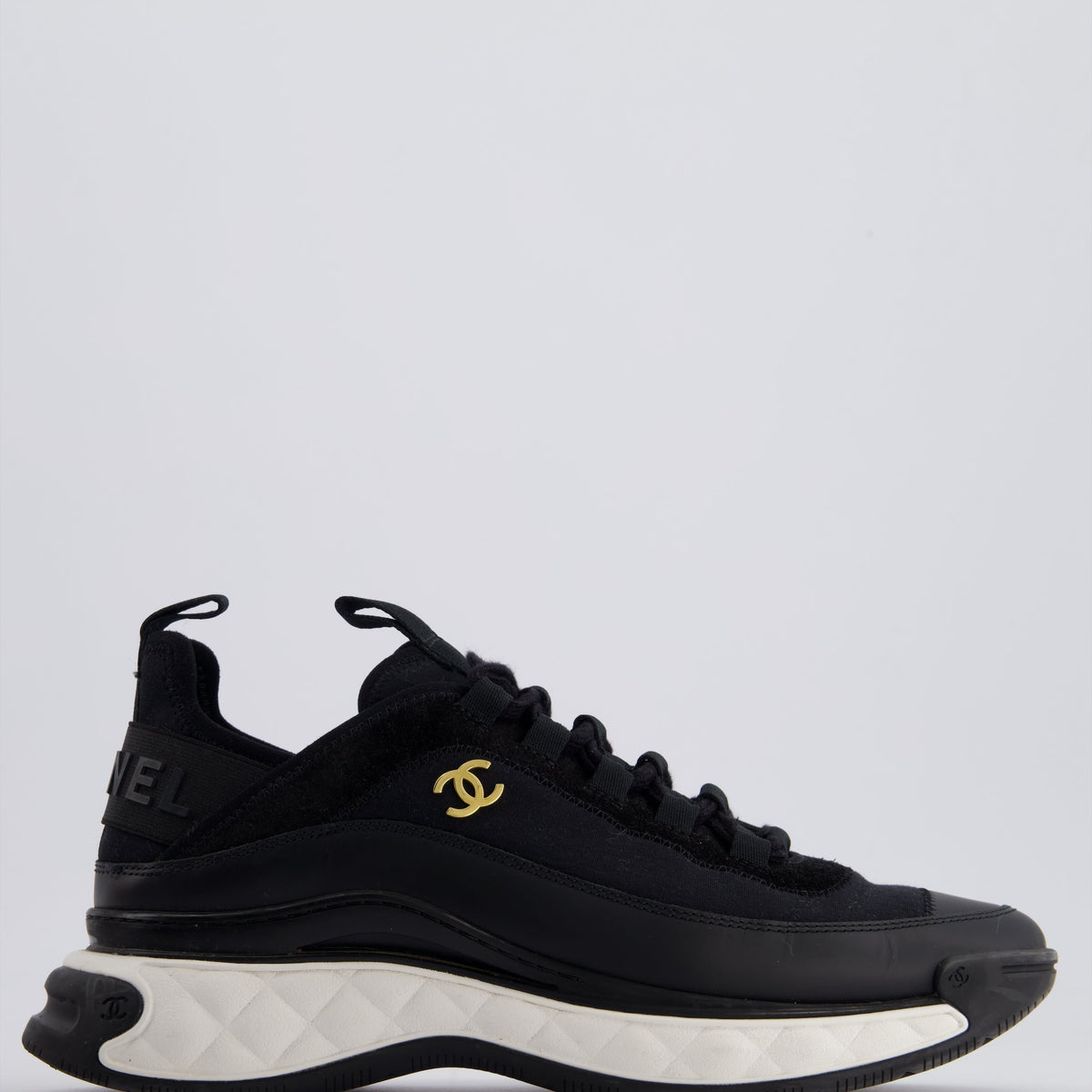 Chanel Shoes? Chanel Black Fabric and Leather Trainers with White Soles and Gold Logo Size EU 38.5 Comfortable Everyday Designer Shoes