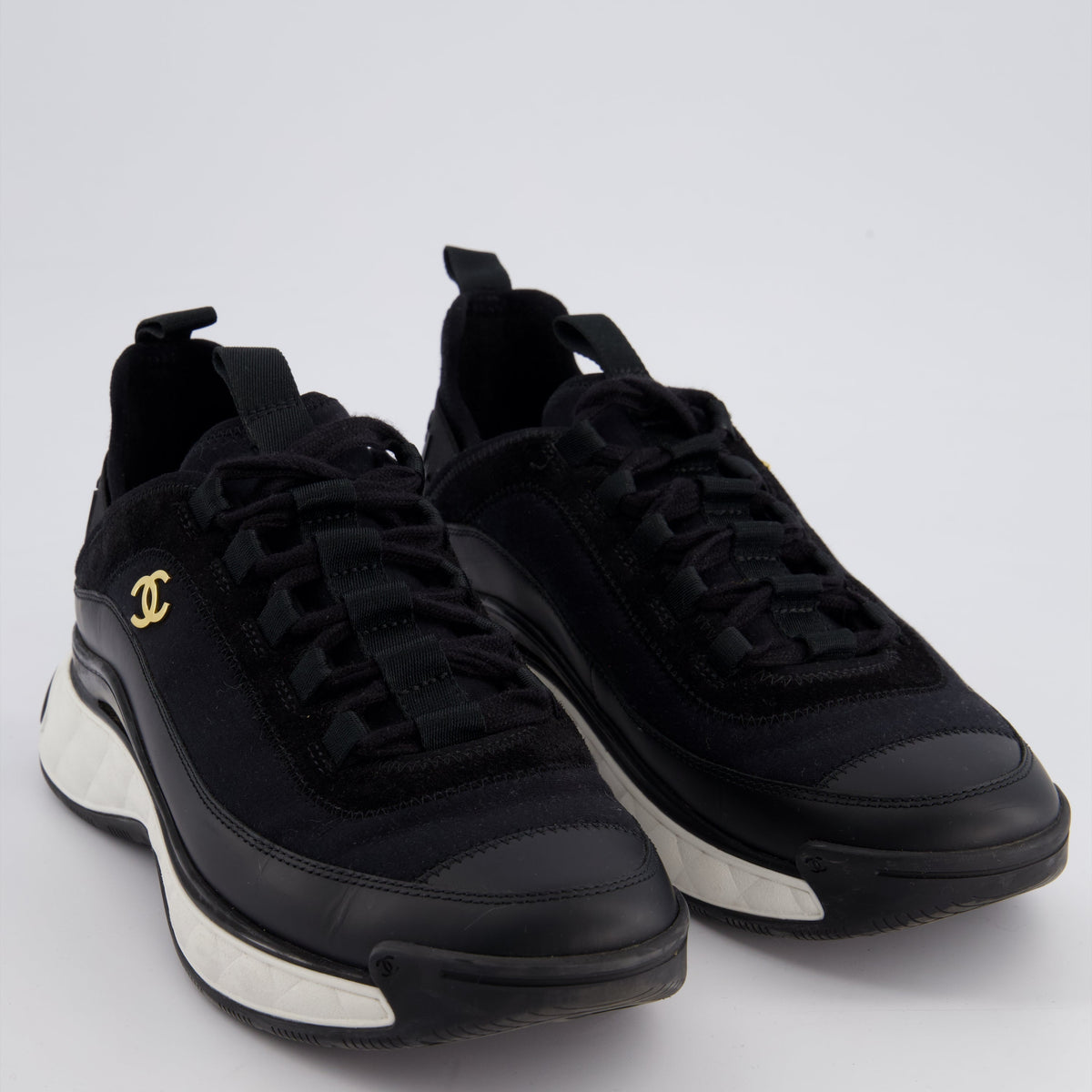 Chanel Shoes? Chanel Black Fabric and Leather Trainers with White Soles and Gold Logo Size EU 38.5 Comfortable Everyday Designer Shoes