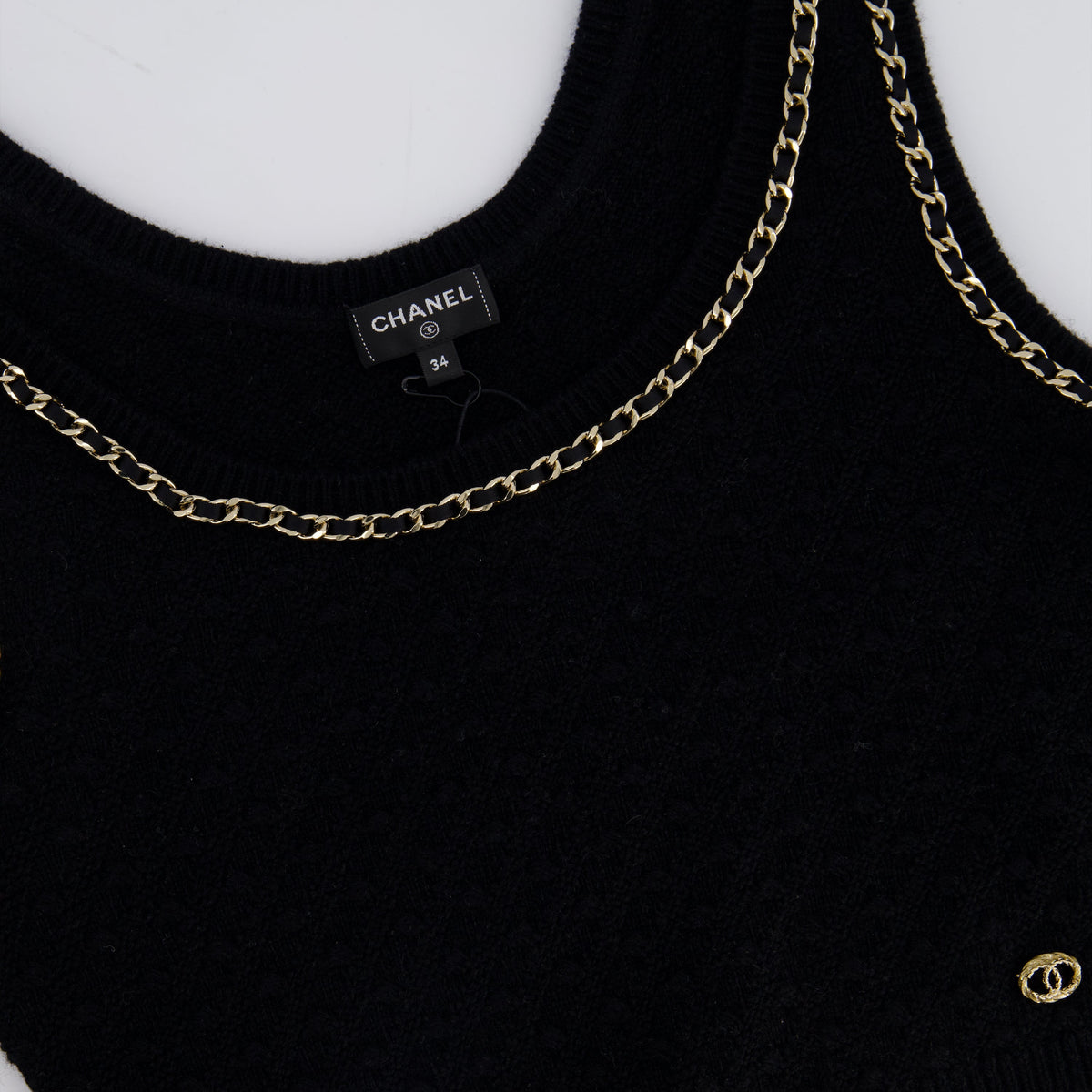 Chanel Sweaters? Chanel 23B Black Cashmere Knit Tank Top with Gold Chain and Logo Detail Size FR 34 (UK 6) RRP ¬£2150 Premium Casual Designer Knitwear