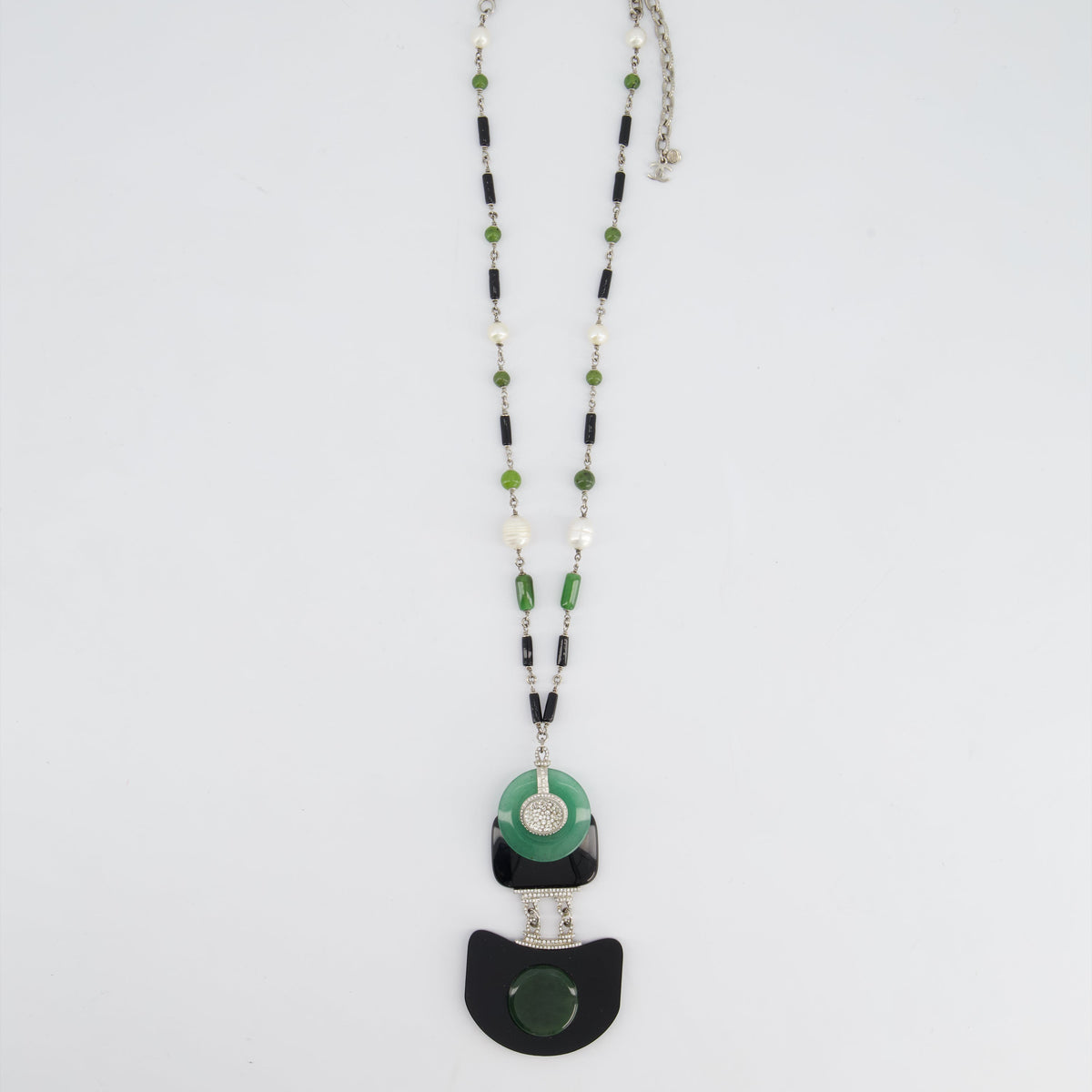 Chanel Jewellery? Chanel AW 09 Art Deco Jade, Crystal and Pearl Resin Pendant Necklace Luxury Designer Statement Jewellery