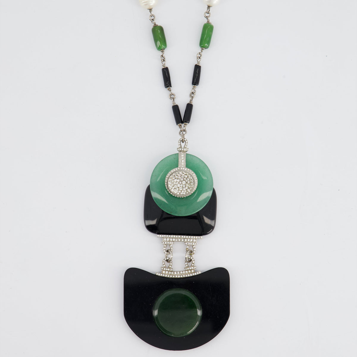 Chanel Jewellery? Chanel AW 09 Art Deco Jade, Crystal and Pearl Resin Pendant Necklace Luxury Designer Statement Jewellery