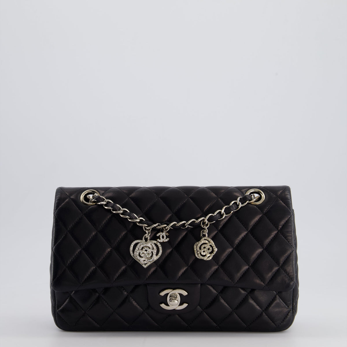 Chanel Bags Chanel Black Medium Single Flap Bag with Camelia Crystal Charm Detail Lambskin Leather Silver Hardware Luxury Designer Leather Handbag