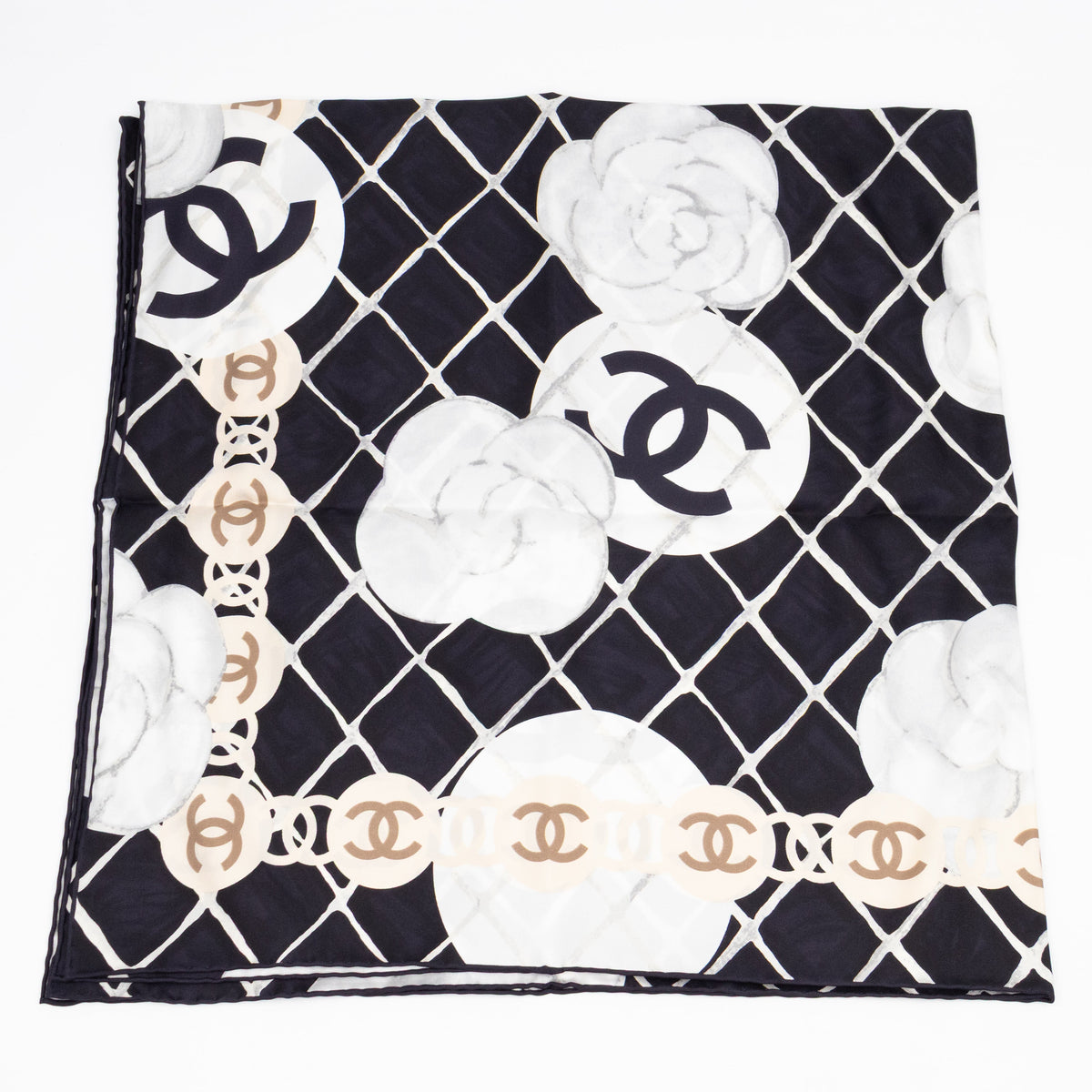 Chanel Scarves? Chanel Camellia Silk Square Scarf Black & White 90 cm Elegant Everyday Designer Scarf