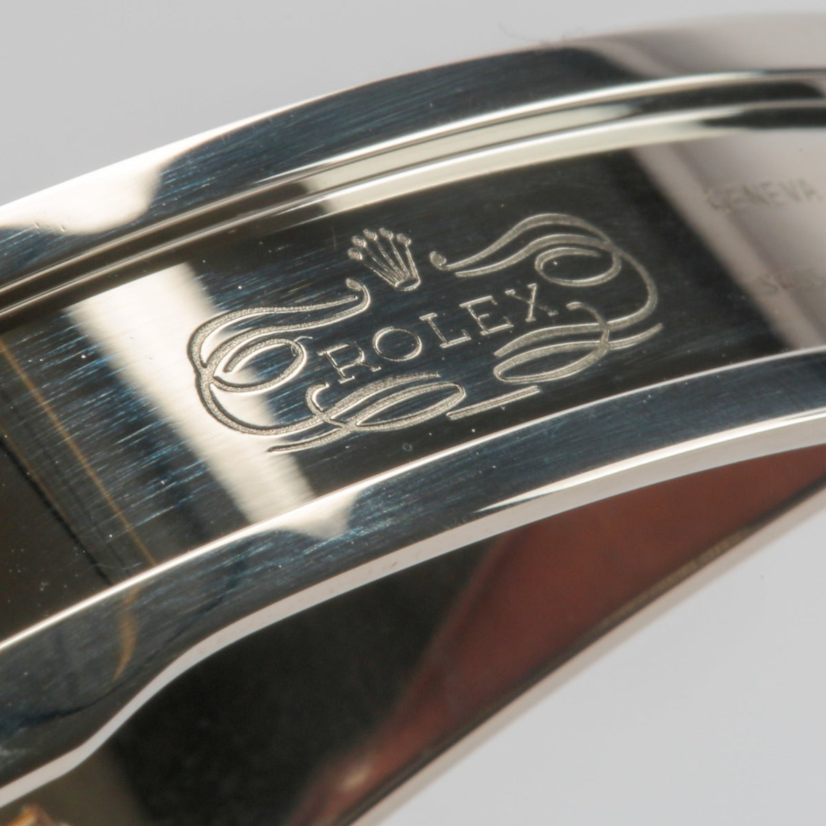 Close-up detail view of Rolex unisex two tone watch