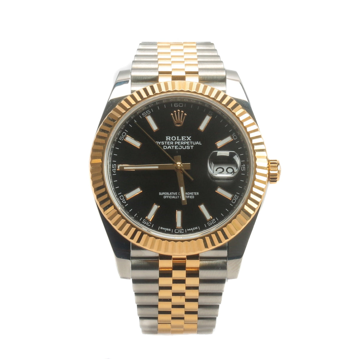 Side view of Rolex unisex two tone watch