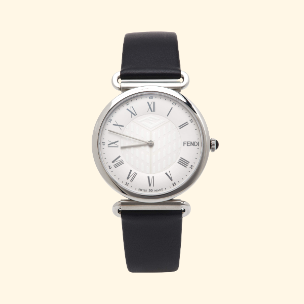 Close-up detail view of Fendi men's silver watch