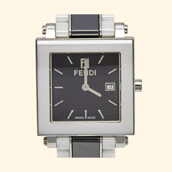 Close-up detail view of Fendi women's black watch
