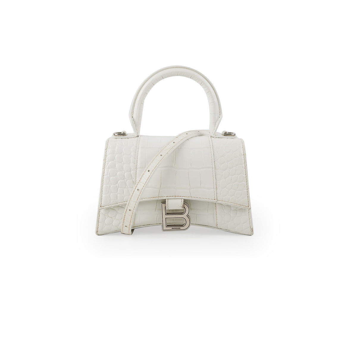 Balenciaga Hourglass XS White Croc | Designer Top Handle Bag