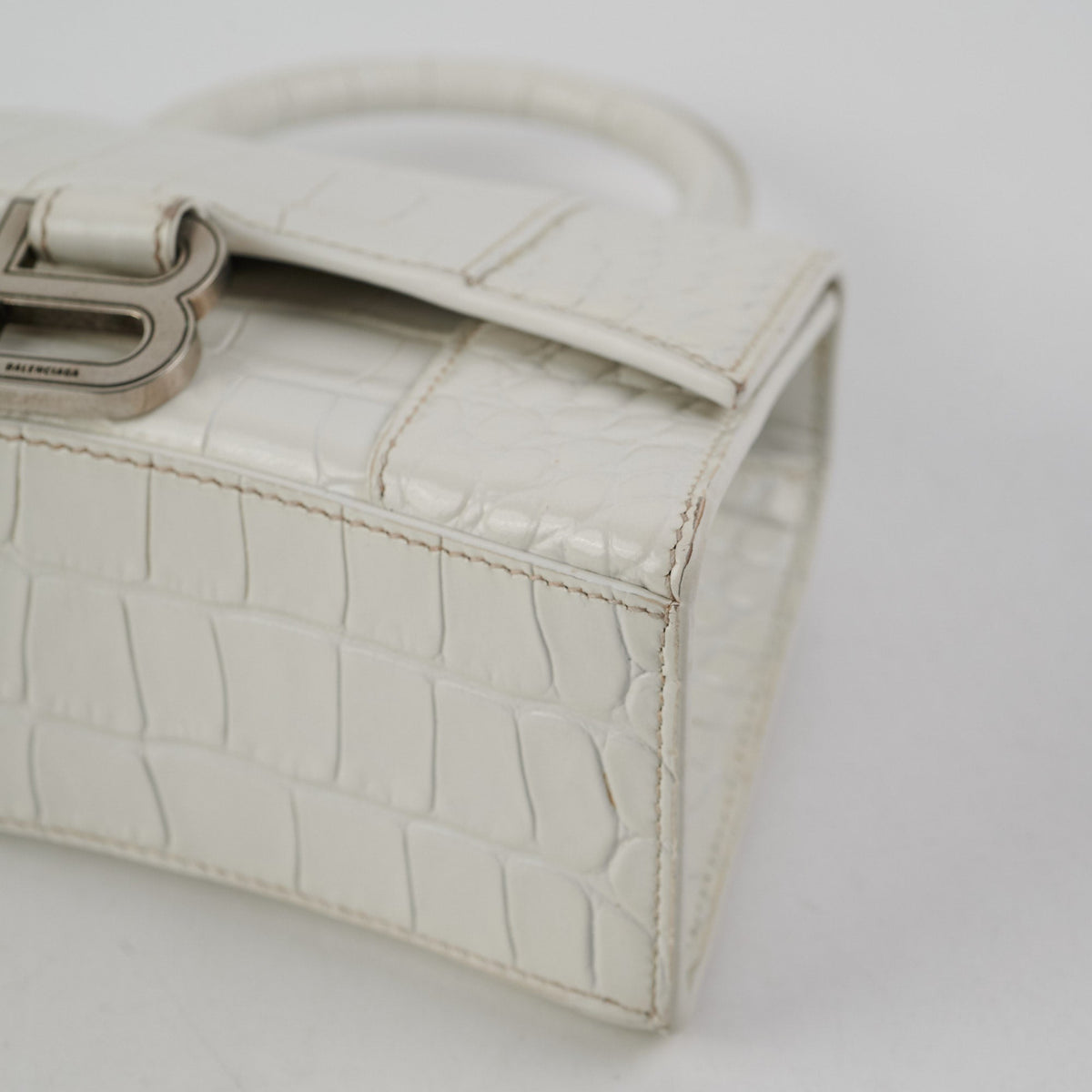 Balenciaga Hourglass XS White Croc | Designer Top Handle Bag