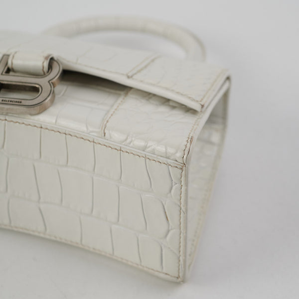 Balenciaga Hourglass XS White Croc | Designer Top Handle Bag