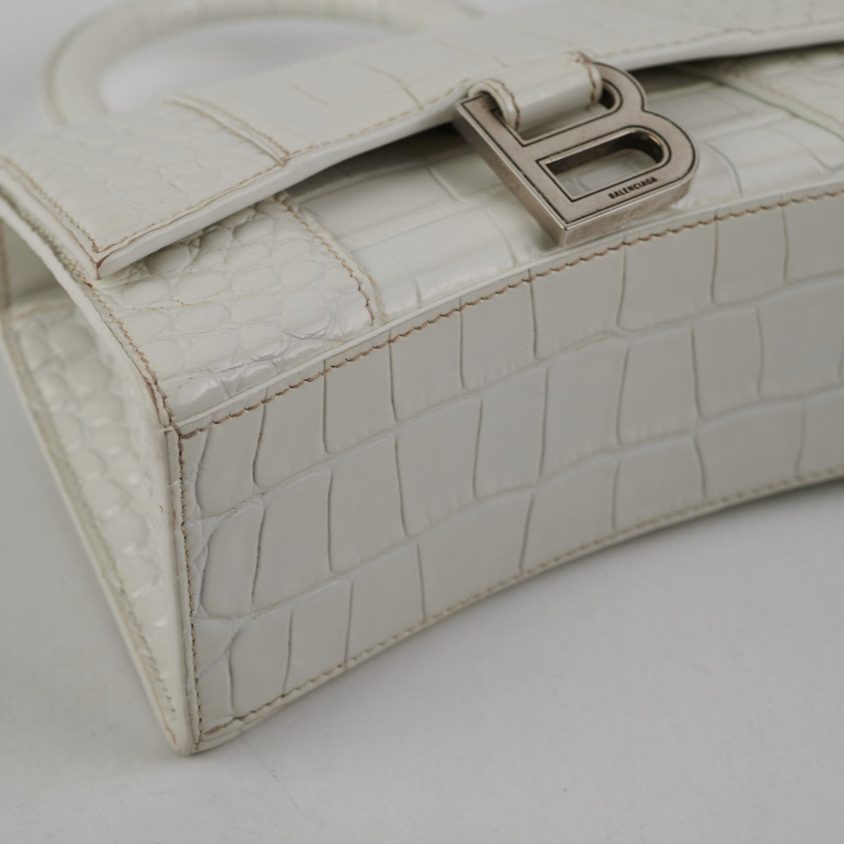 Balenciaga Hourglass XS White Croc | Designer Top Handle Bag