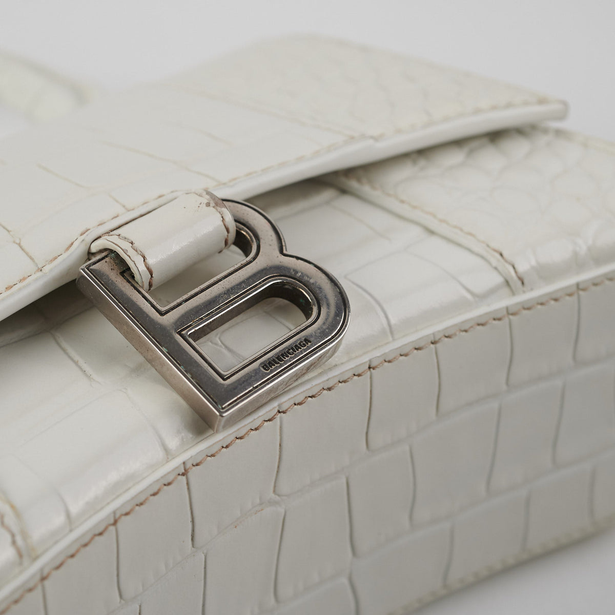 Balenciaga Hourglass XS White Croc | Designer Top Handle Bag
