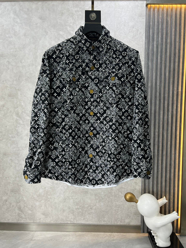 Front view of Louis Vuitton luxury clothing with label-forward styling