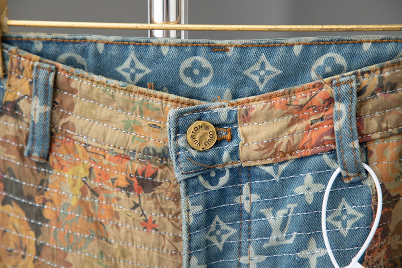 Close-up detail shot of Louis Vuitton luxury clothing with logo-detail design