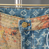 Close-up detail shot of Louis Vuitton luxury clothing with logo-detail design
