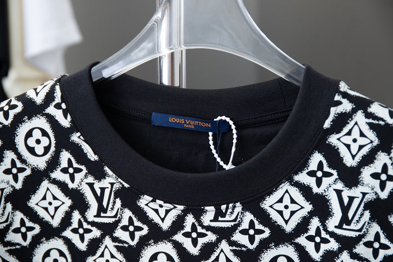 Close-up detail shot of Louis Vuitton cotton t-shirt with monogram-inspired silhouette