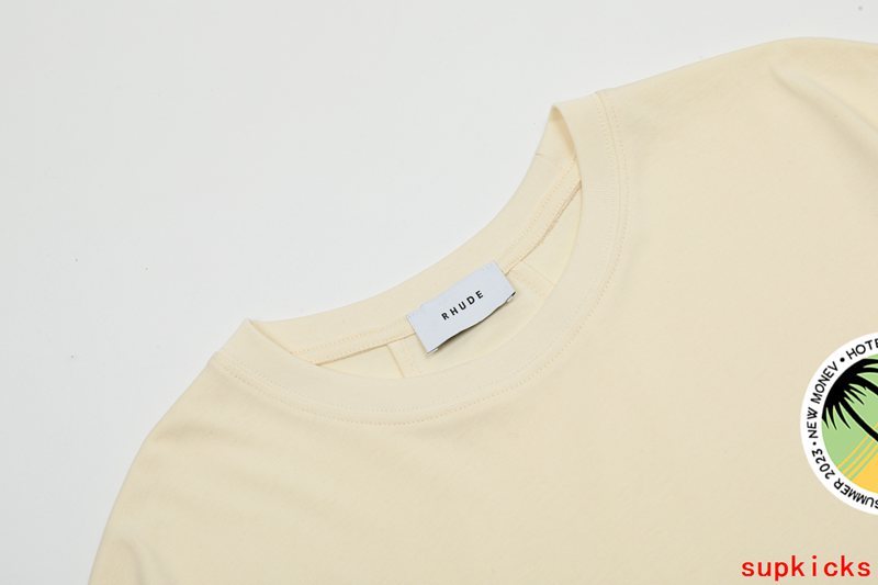 Side profile of Rhude luxury clothing with signature branding