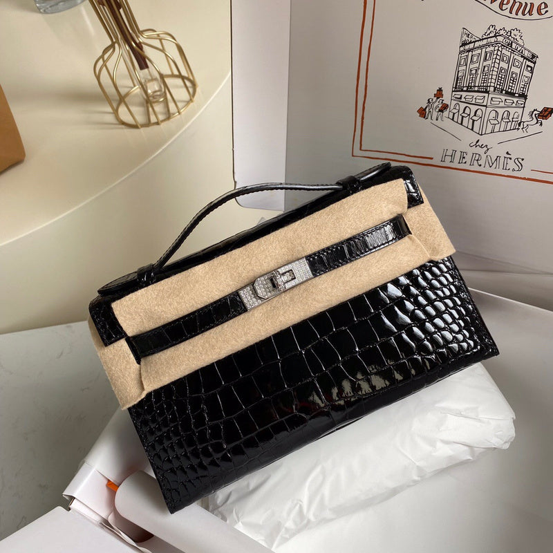Side view of sophisticated structured handbag