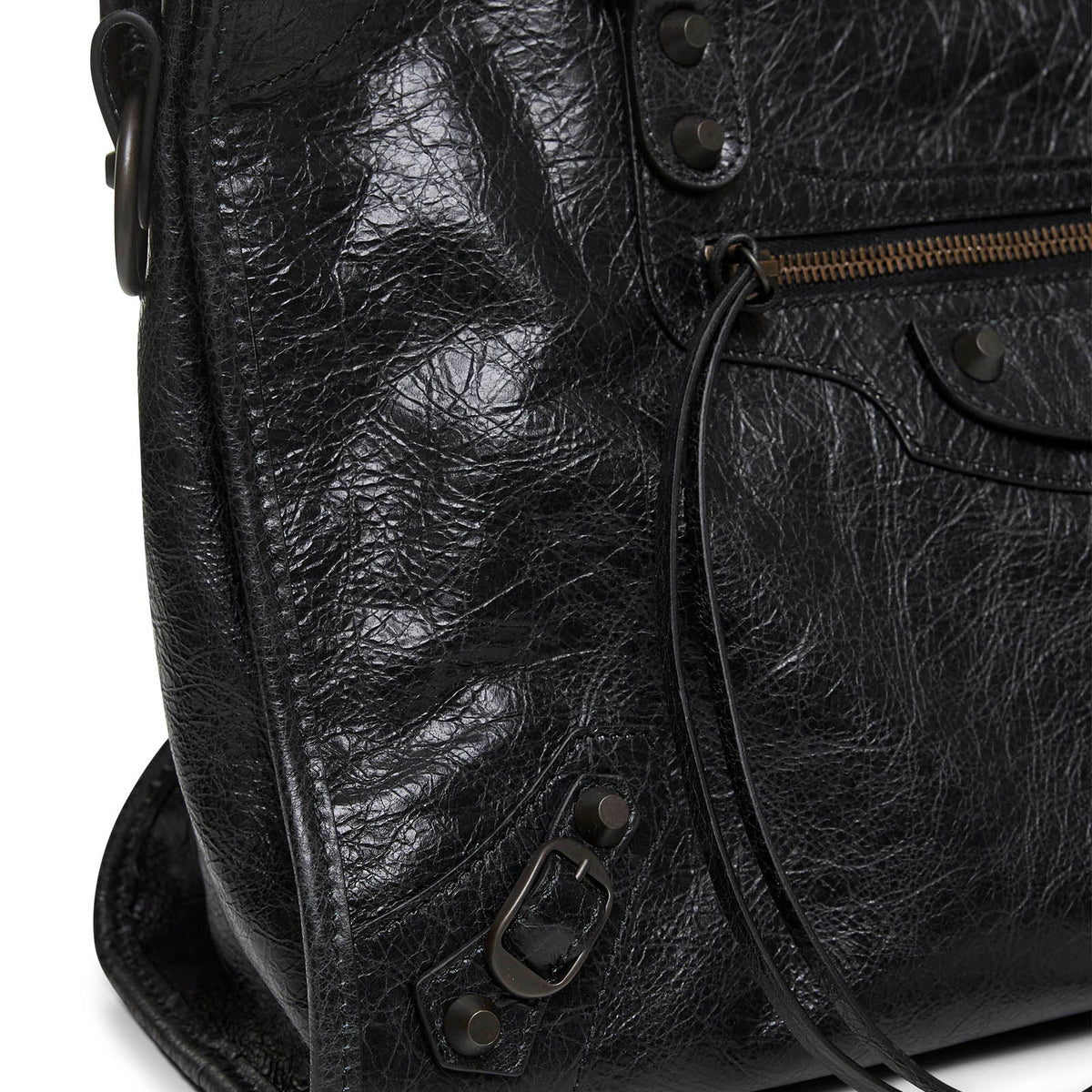 Close-up of Balenciaga shoulder bags hardware and fine stitching