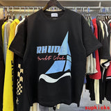 Flat lay presentation of Rhude luxury clothing with relaxed-fit cut