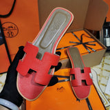 Hermès Red Slide Sandals - Side Profile View