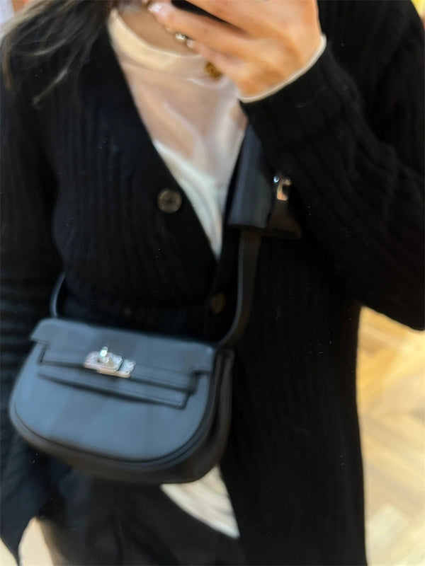 Side view of structured structured handbag