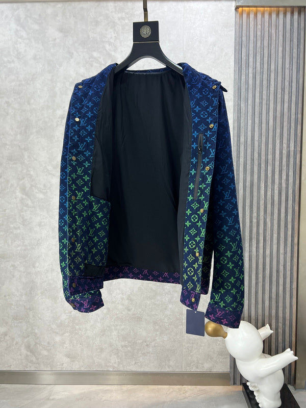 Close-up detail shot of Louis Vuitton luxury clothing with label-forward styling