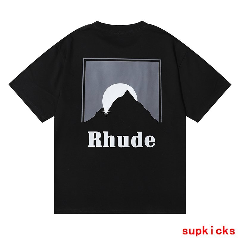 Close-up detail shot of Rhude luxury clothing with contemporary cut