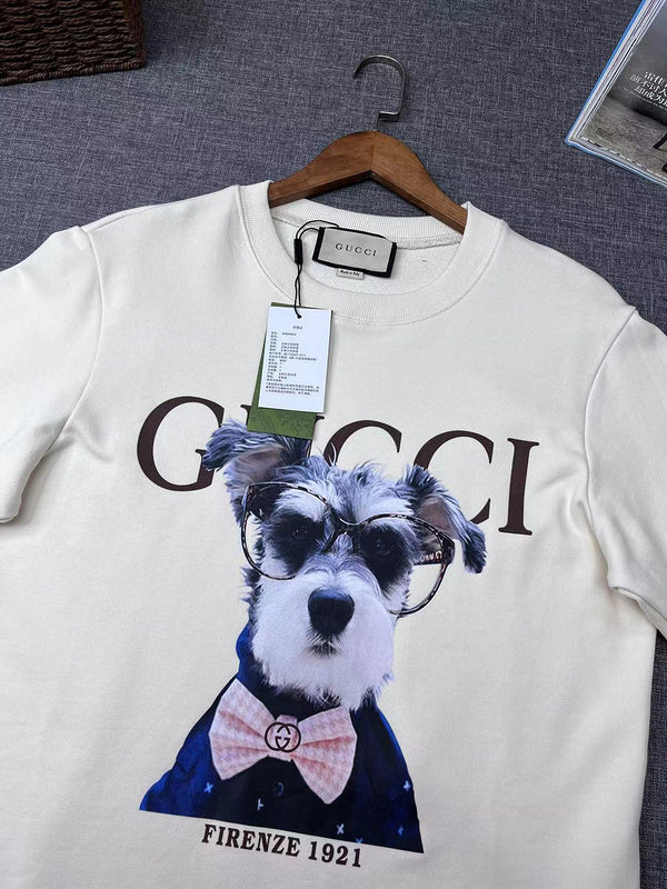 Front view of Gucci luxury clothing with signature branding