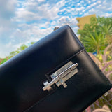 Side view of sophisticated structured handbag