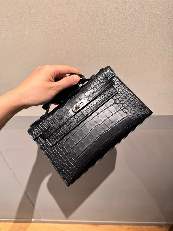 Side view of contemporary structured handbag