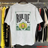Close-up detail shot of Rhude luxury clothing with relaxed-fit cut
