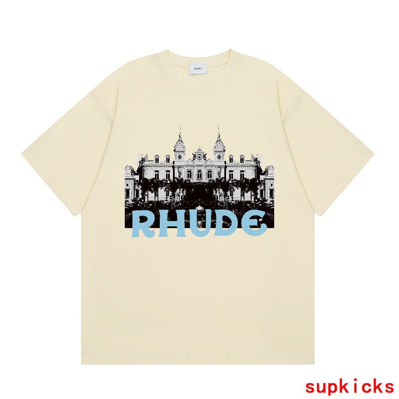 Close-up detail shot of Rhude luxury clothing with logo-detail design