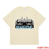 Close-up detail shot of Rhude luxury clothing with logo-detail design