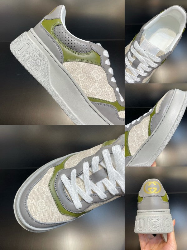 Side profile of Gucci crisp white sneakers retro runner design