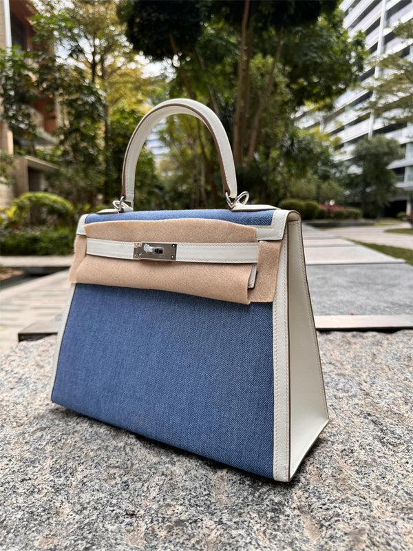 Side view of structured structured handbag