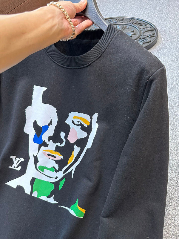 Flat lay presentation of Louis Vuitton luxury clothing with signature branding