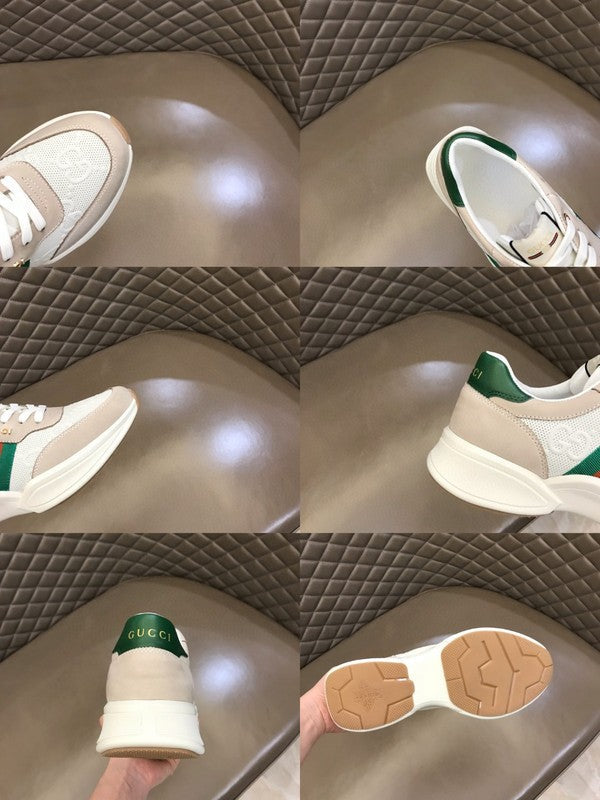 Side profile of Gucci neutral cream sneakers streetwear statement look