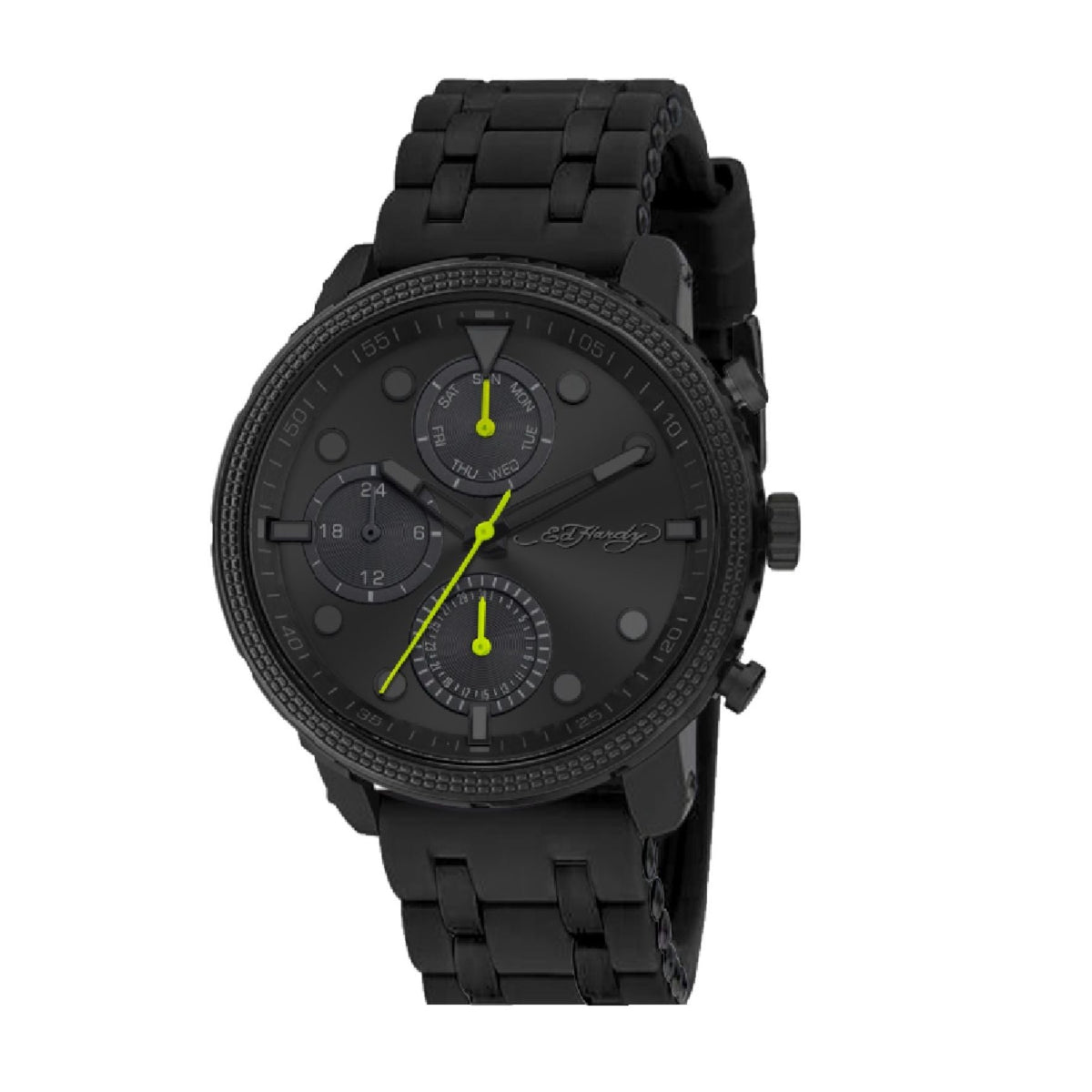 Close-up detail view of Ed Hardy men's black watch