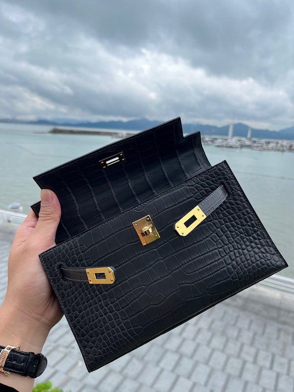 Side view of classic structured handbag