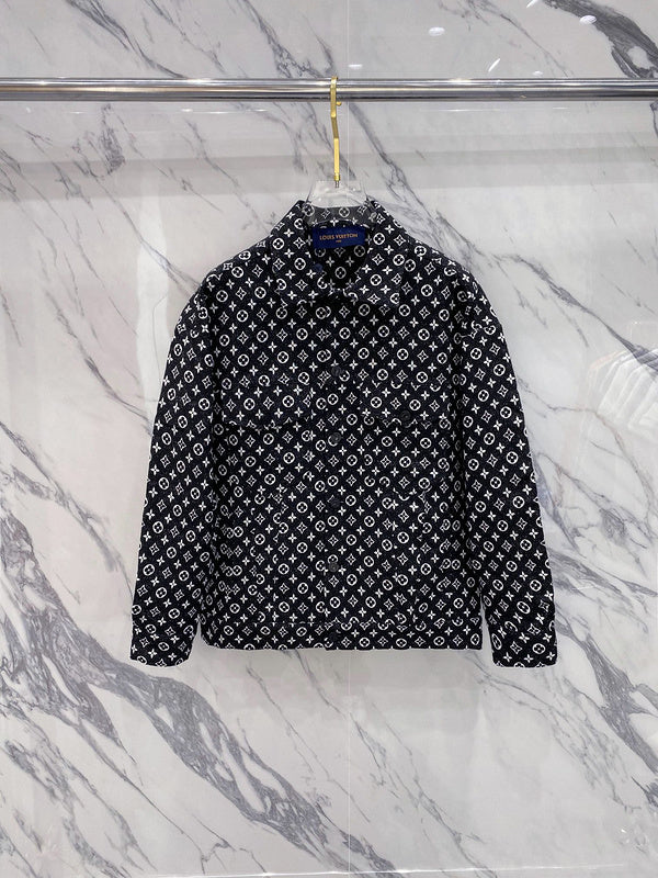 Front view of Louis Vuitton luxury clothing with label-forward styling