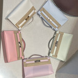 Side view of timeless structured handbag