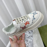 Side profile of Gucci neutral cream sneakers breathable knit upper