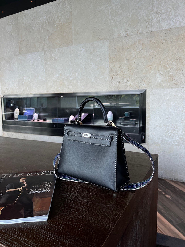 Side view of structured structured handbag