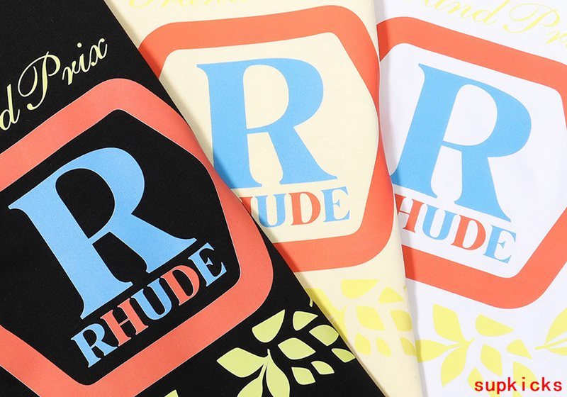 Close-up detail shot of Rhude luxury clothing with runway-inspired design